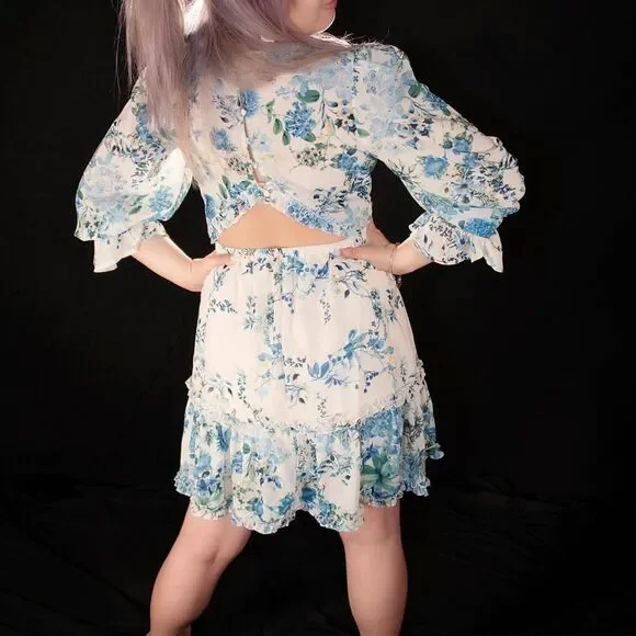 Blue and White Floral Dress with Cutout details - Picture 2 of 5